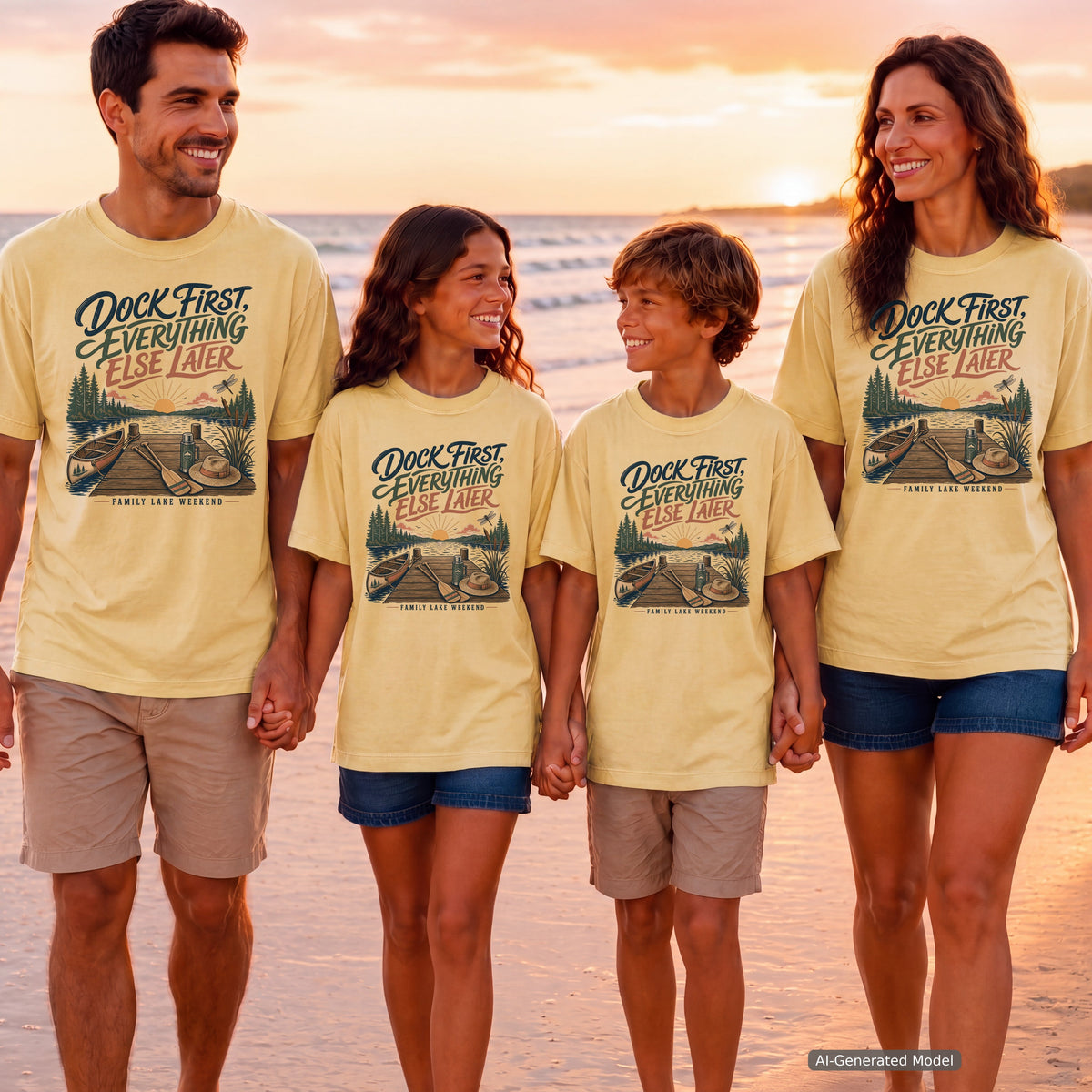 Dock First Everything Else Later Youth Tee – Kids' Comfort Colors Lake Vacation Shirt in Butter – worn on a family trip (AI-generated model photo)
