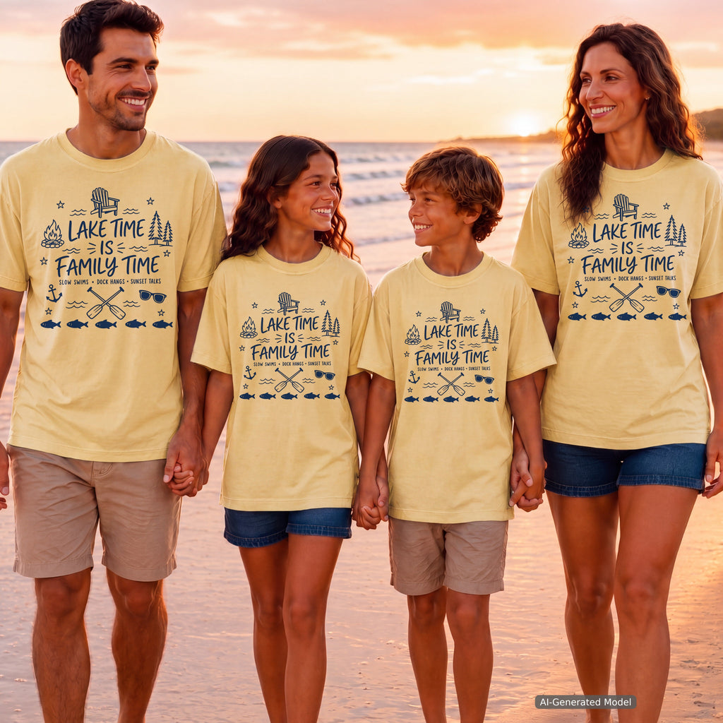 Lake Time Is Family Time Youth Tee – Kids' Comfort Colors Lake Vacation Shirt in Butter – worn on a family trip (AI-generated model photo)
