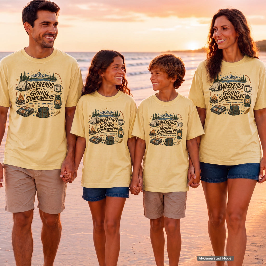 Weekends Are for Going Somewhere Youth Tee – Kids' Comfort Colors Camping Shirt in Butter – worn on a family trip (AI-generated model photo)