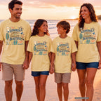 Sunscreen Snacks and Somewhere Beautiful Beach Vacation Shirt in Butter – worn on a family trip (AI-generated model photo)