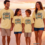 Pack the Bags Keep the Stories Family Getaway Shirt in Butter – worn on a family trip (AI-generated model photo)