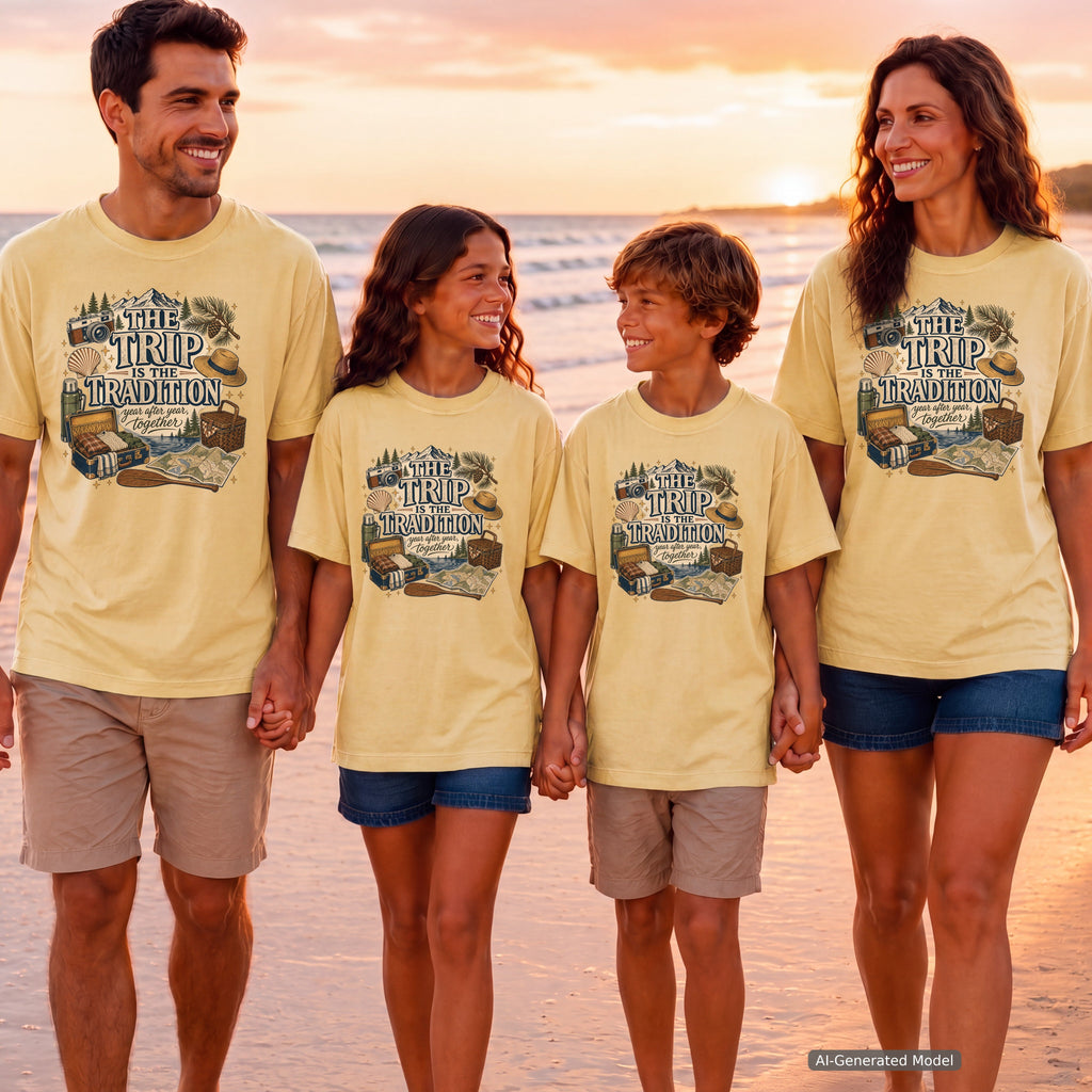 The Trip Is the Tradition Youth Tee – Kids' Comfort Colors Lake Vacation Shirt in Butter – worn on a family trip (AI-generated model photo)