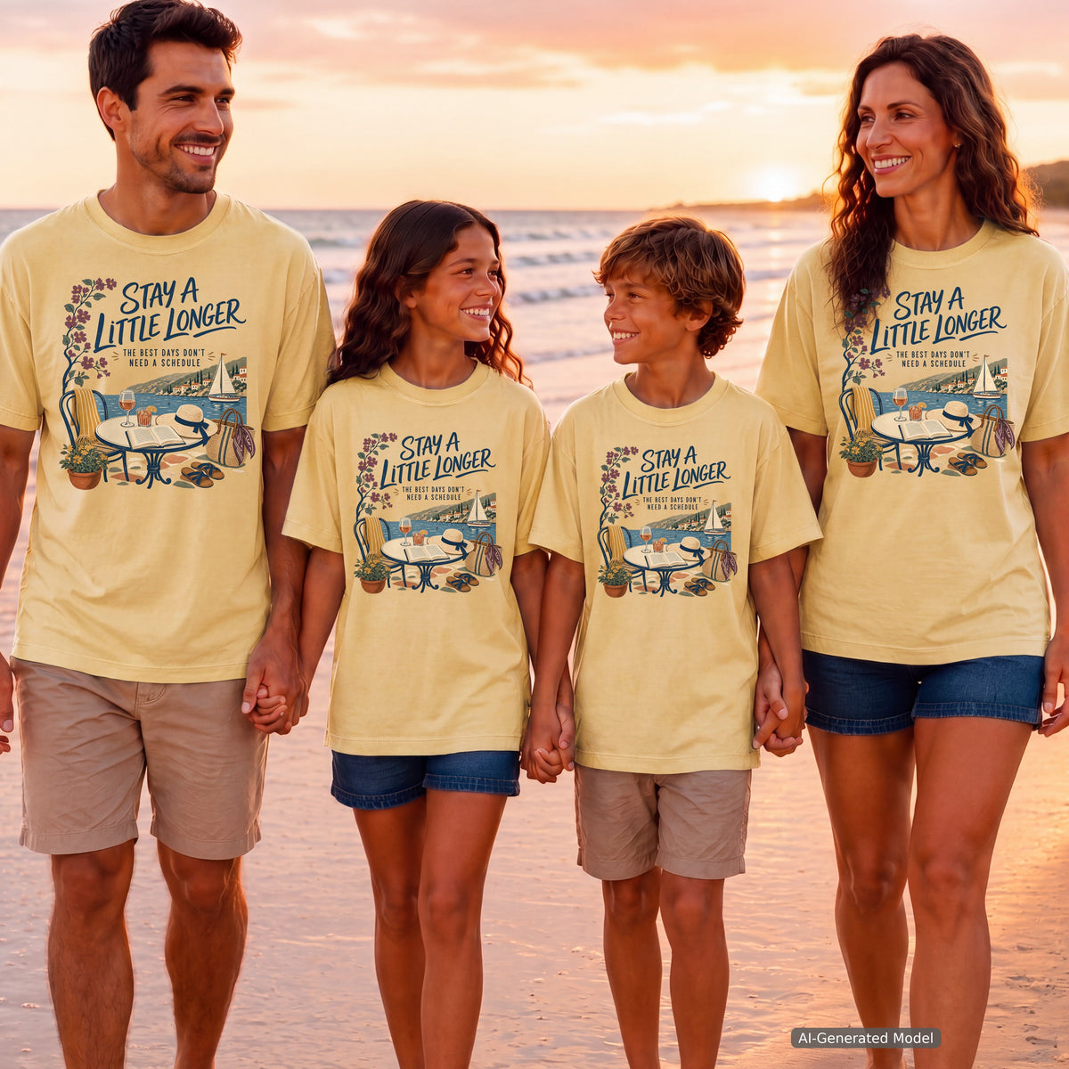 Stay a Little Longer Youth Tee – Kids' Comfort Colors Family Travel Shirt in Butter – worn on a family trip (AI-generated model photo)