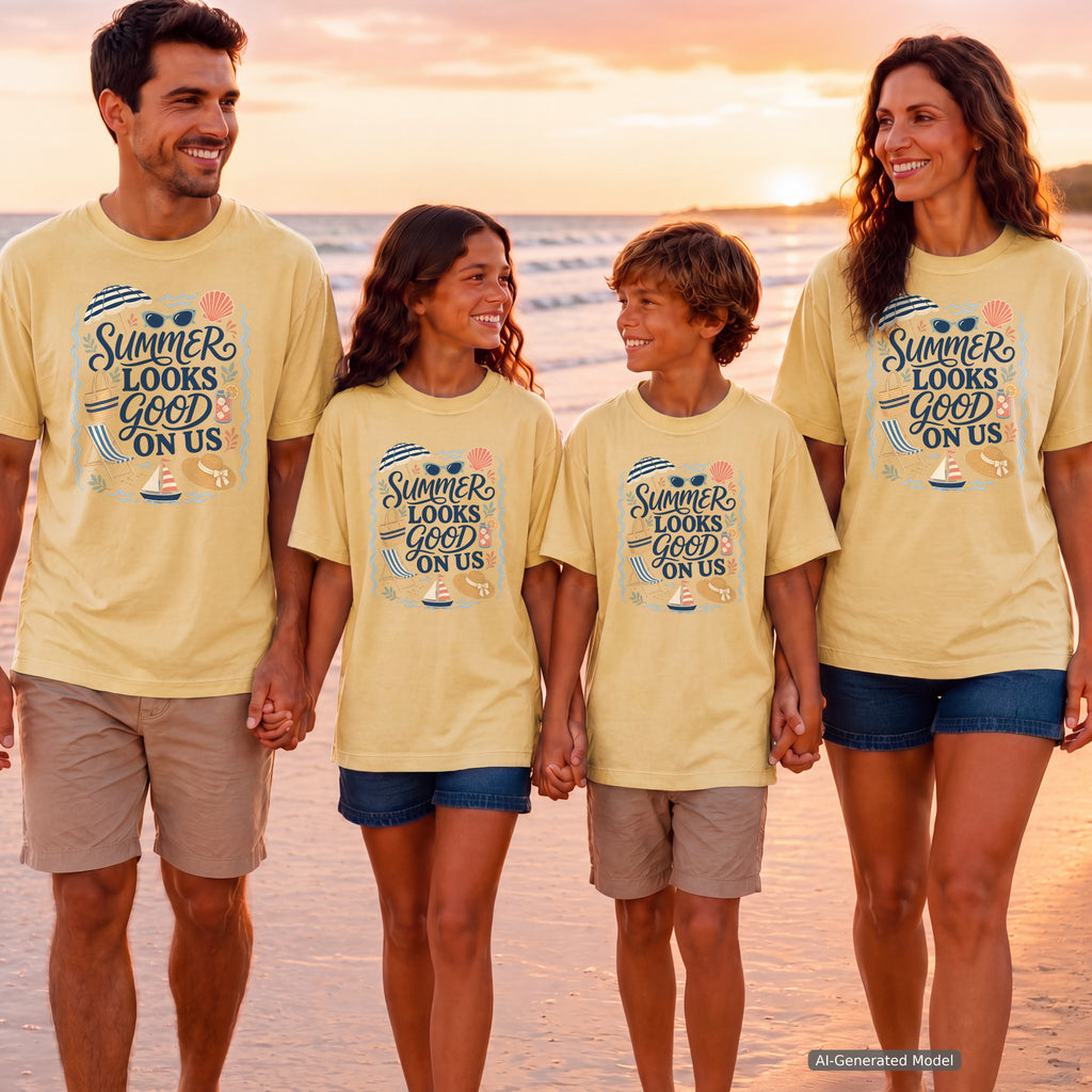 Summer Looks Good On Us Beach Vacation Shirt in Butter – worn on a family trip (AI-generated model photo)