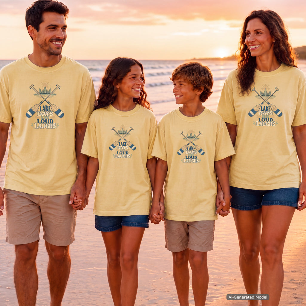 Lake Days and Loud Laughs Youth Tee – Kids' Comfort Colors Family Lake Shirt in Butter – worn on a family trip (AI-generated model photo)