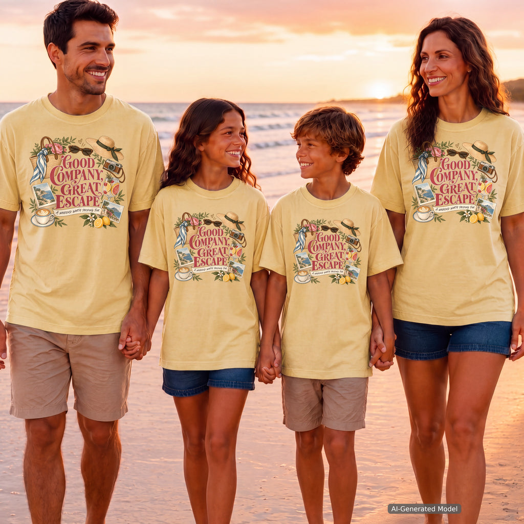 Good Company Great Escape Girls Trip Shirt in Butter – worn on a family trip (AI-generated model photo)