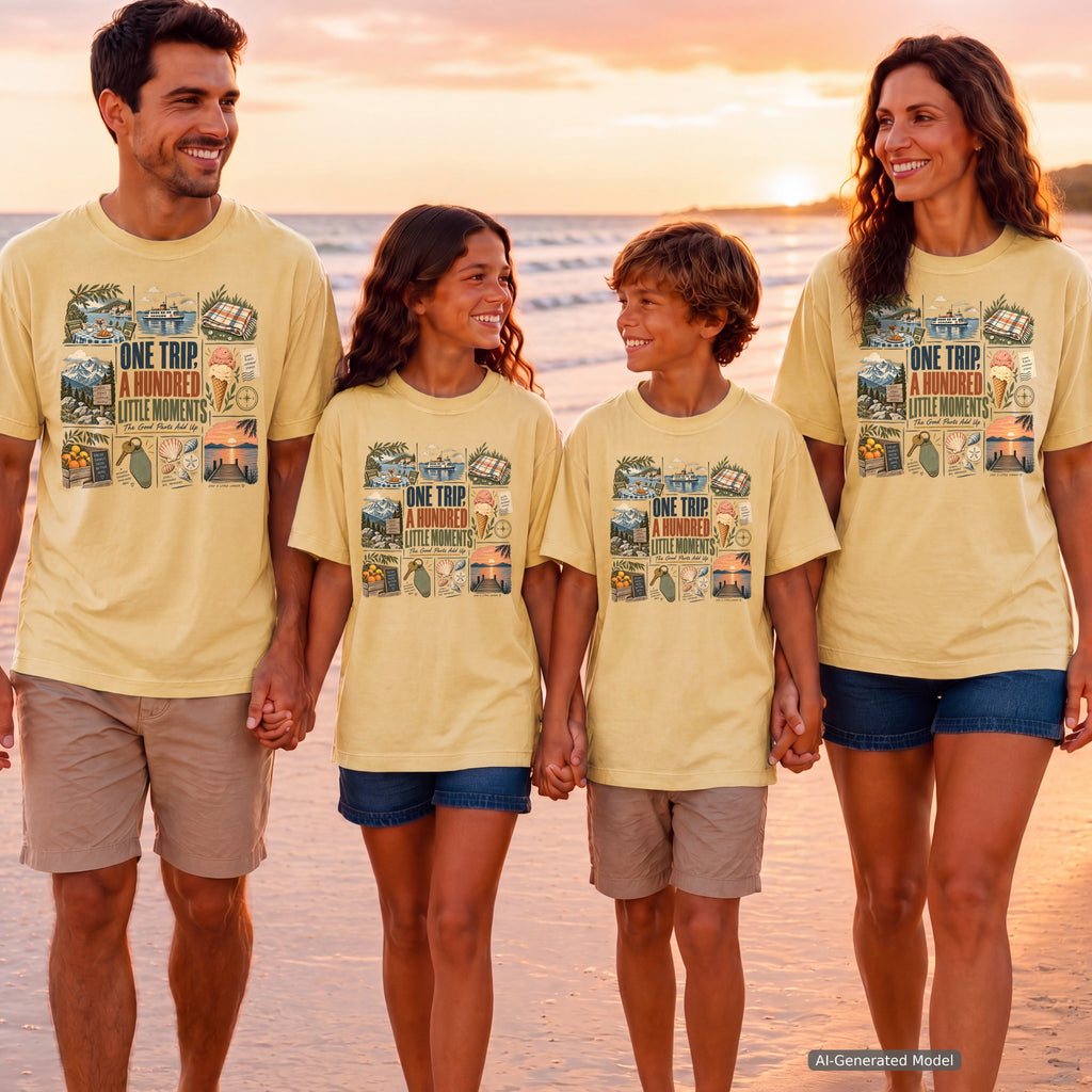 One Trip a Hundred Little Moments Youth Tee – Kids' Comfort Colors Family Travel Shirt in Butter – worn on a family trip (AI-generated model photo)