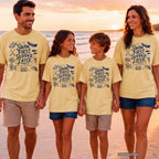 Swim First Supper Later Lake Vacation Shirt in Butter – worn on a family trip (AI-generated model photo)