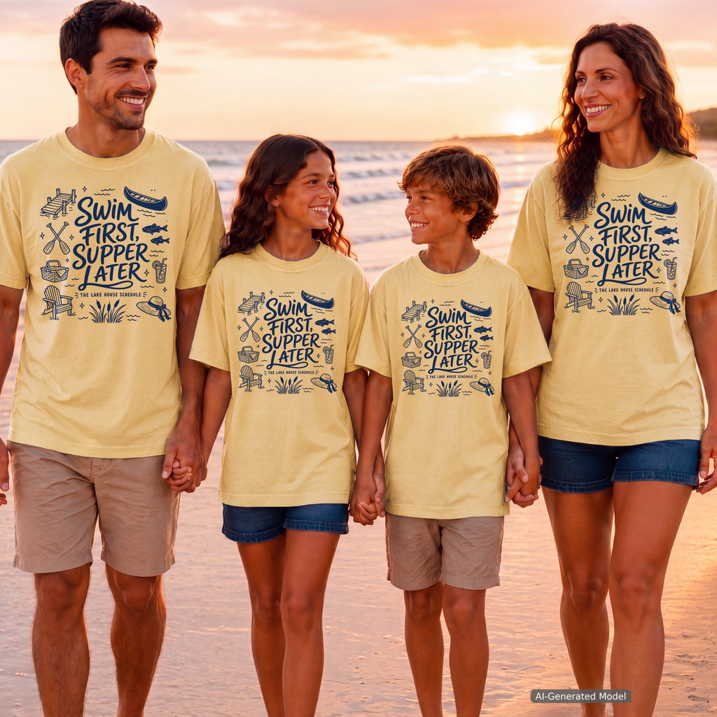 Swim First Supper Later Youth Tee – Kids' Comfort Colors Lake Vacation Shirt in Butter – worn on a family trip (AI-generated model photo)