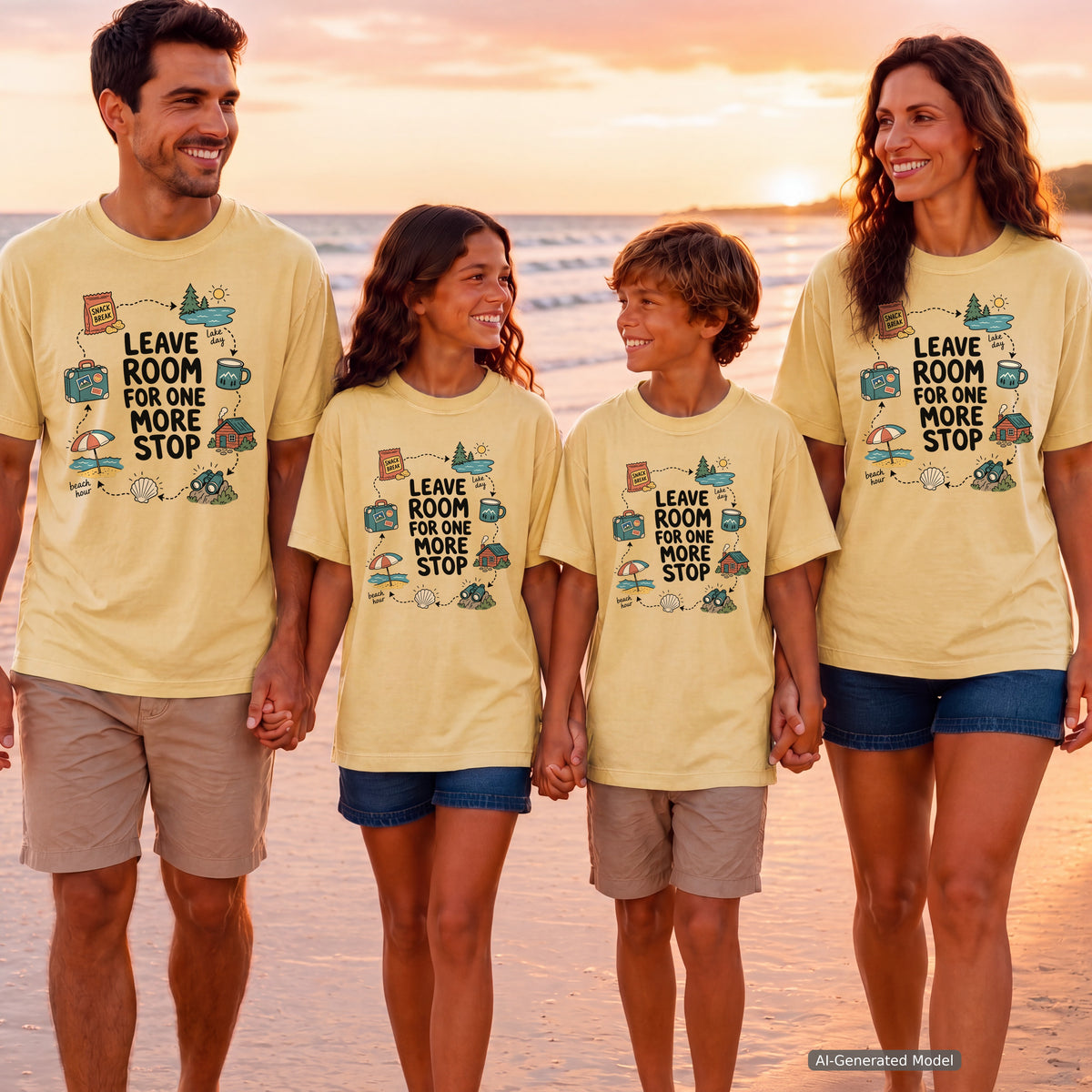 Leave Room for One More Stop Road Trip Shirt in Butter – worn on a family trip (AI-generated model photo)
