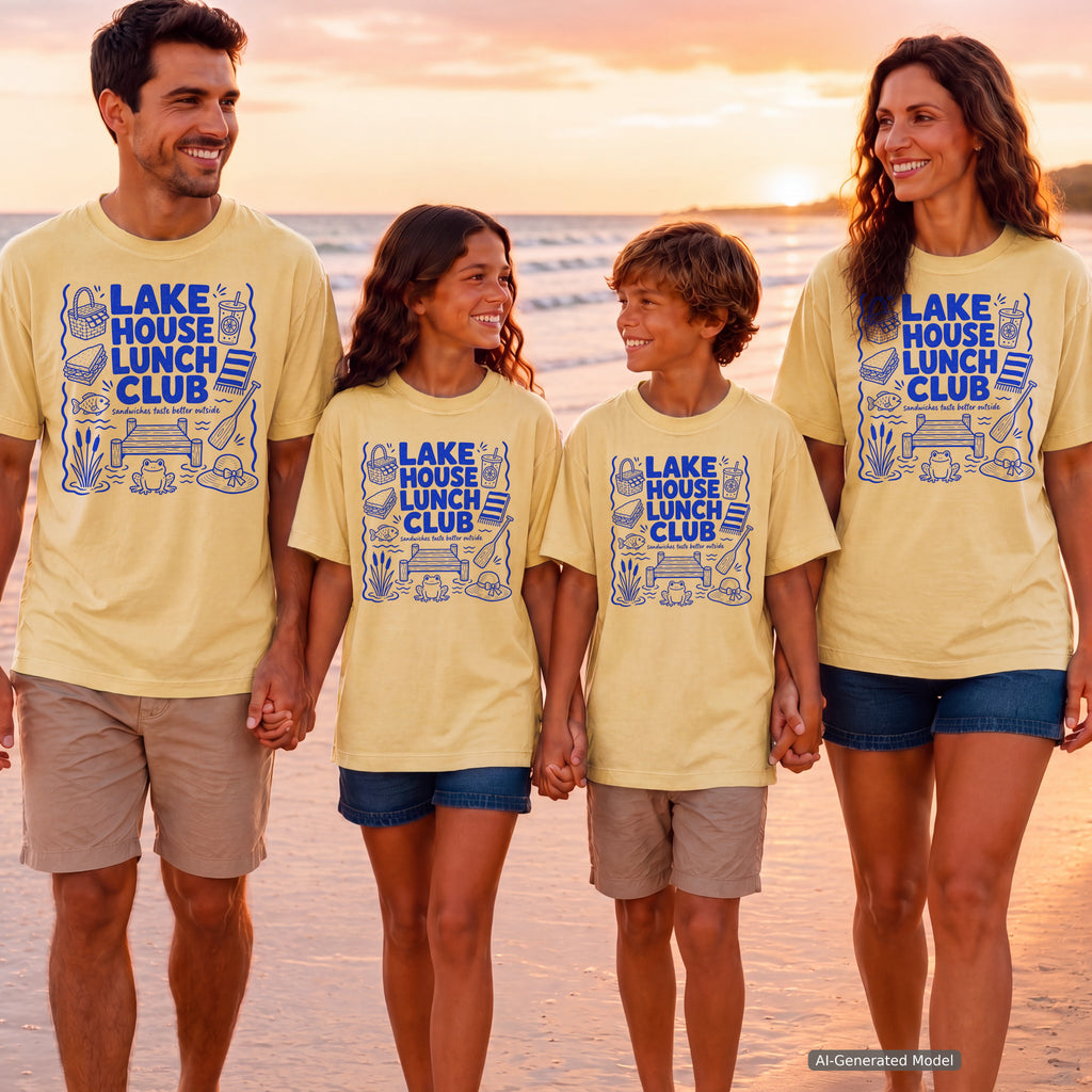 Lake House Lunch Club Lake Vacation Shirt in Butter – worn on a family trip (AI-generated model photo)