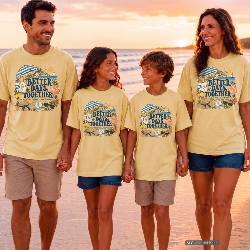 Better Days Together Coastal Vacation Shirt in Butter – worn on a family trip (AI-generated model photo)