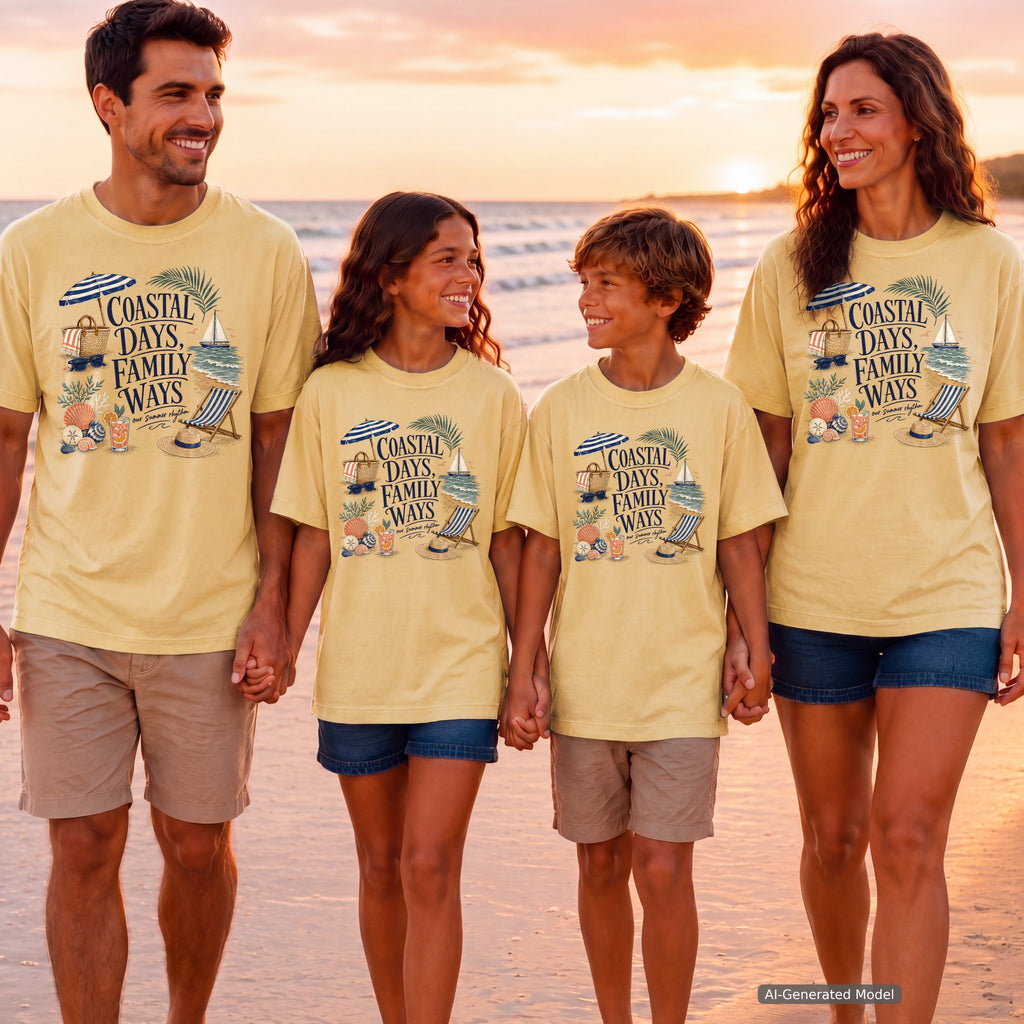 Coastal Days Family Ways Youth Tee – Kids' Comfort Colors Beach Vacation Shirt in Butter – worn on a family trip (AI-generated model photo)
