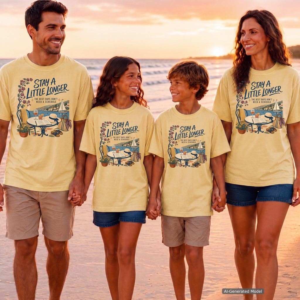 Stay a Little Longer Girls Trip Shirt in Butter – worn on a family trip (AI-generated model photo)