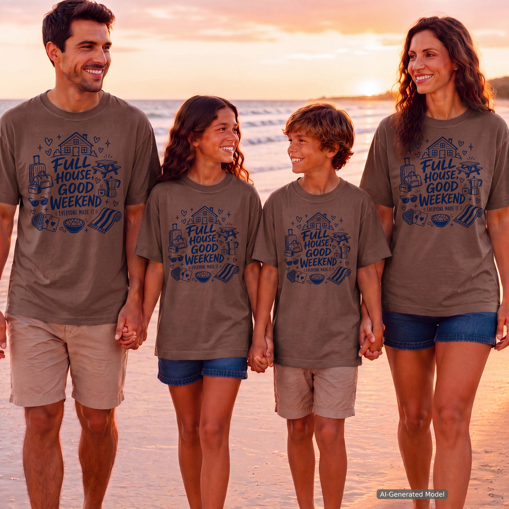 Full House Good Weekend Family Getaway Shirt in Espresso – worn on a family trip (AI-generated model photo)