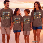 One Trip a Hundred Little Moments Family Travel Shirt in Espresso – worn on a family trip (AI-generated model photo)