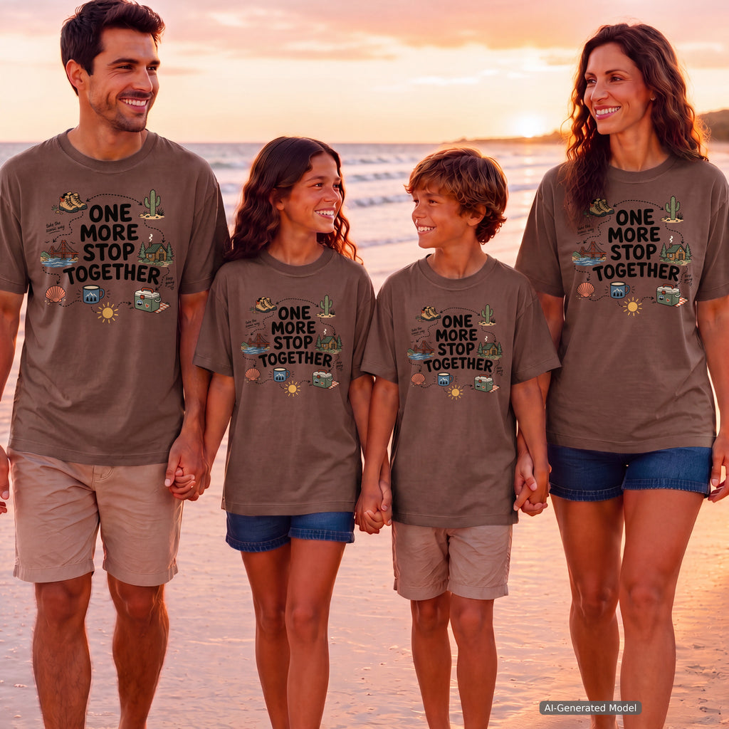 One More Stop Together Road Trip Shirt in Espresso – worn on a family trip (AI-generated model photo)