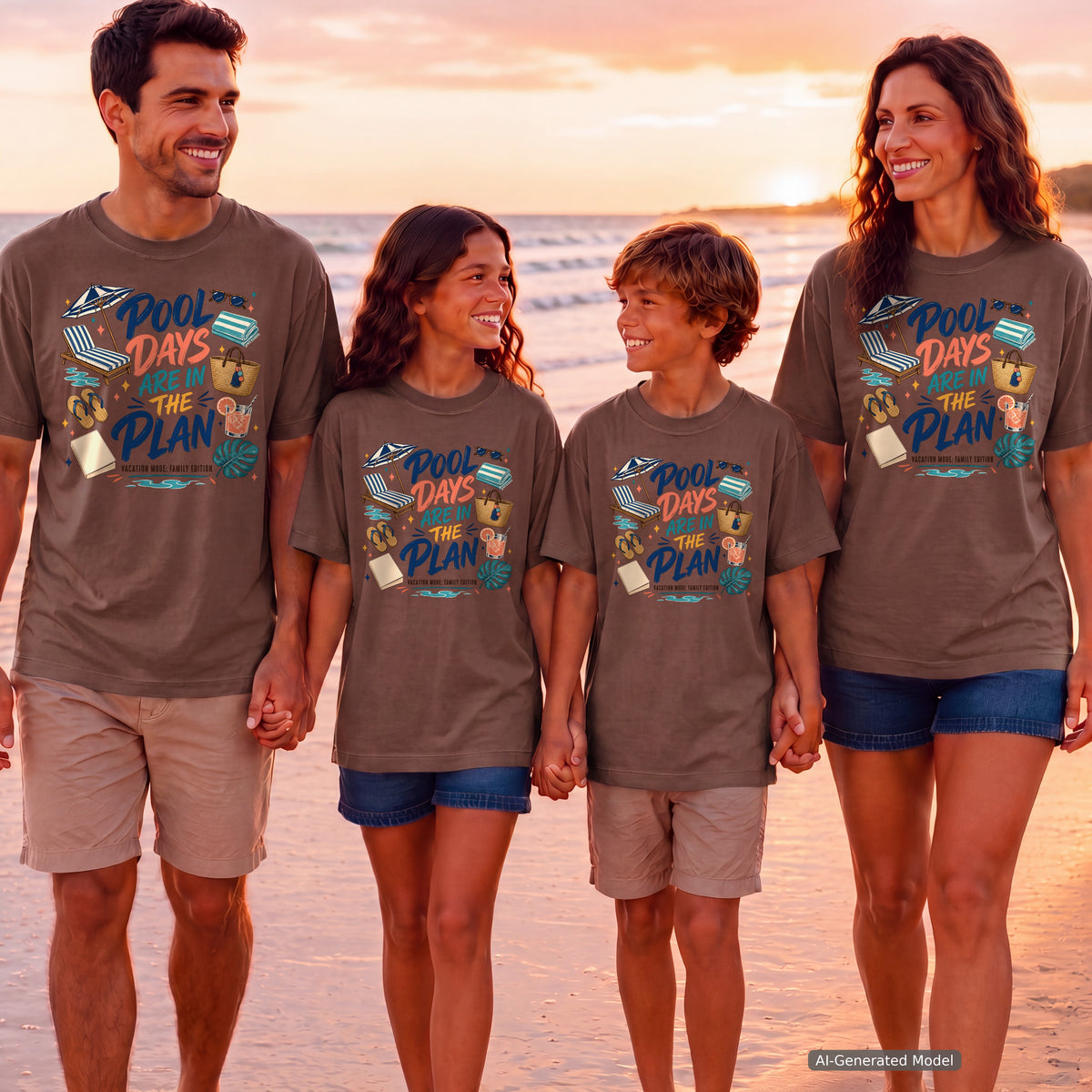 Pool Days Are in the Plan Family Getaway Shirt in Espresso – worn on a family trip (AI-generated model photo)