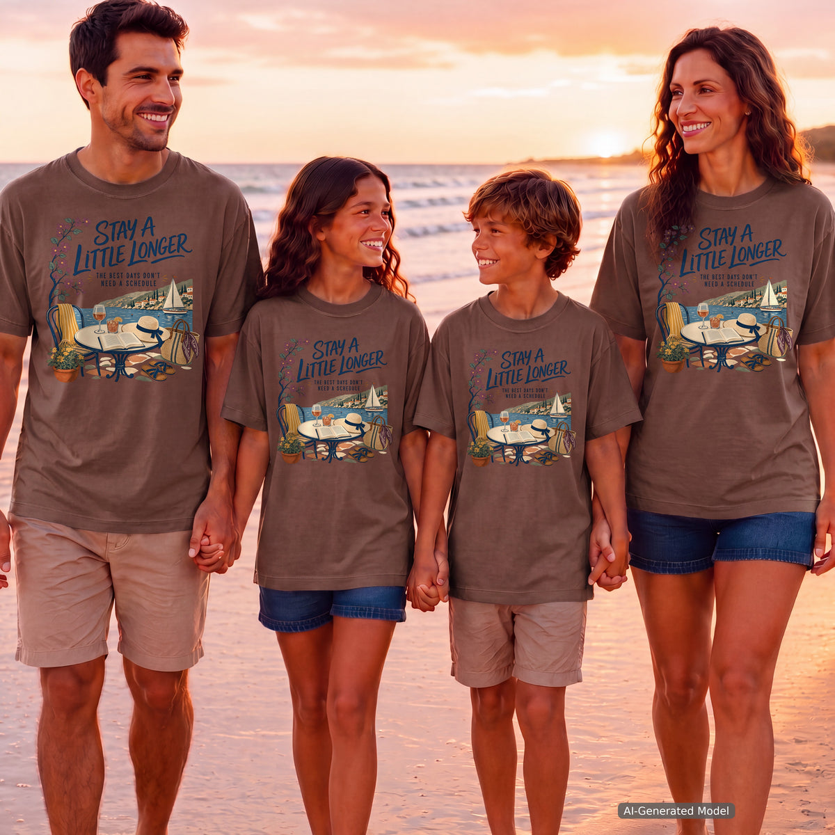 Stay a Little Longer Girls Trip Shirt in Espresso – worn on a family trip (AI-generated model photo)