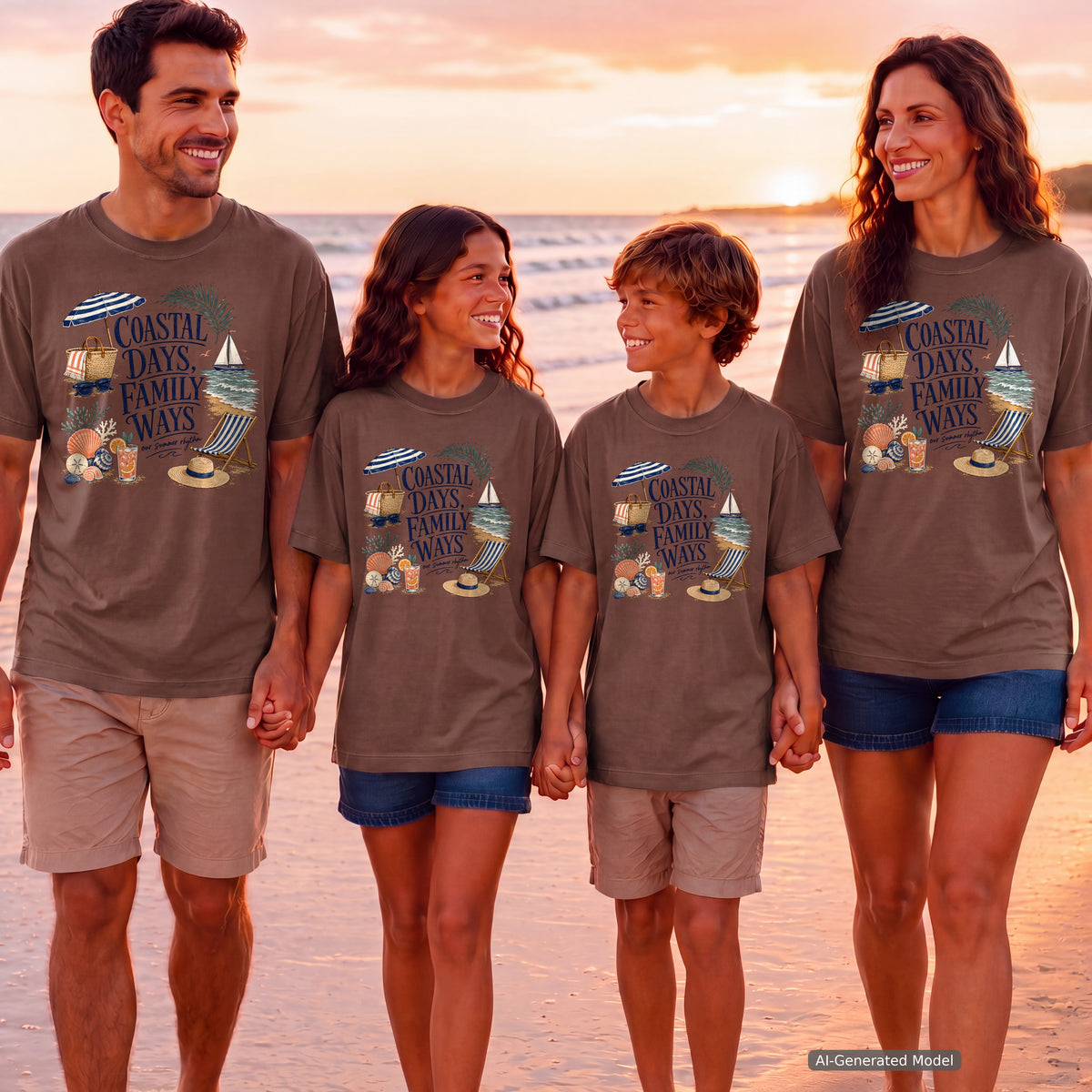 Coastal Days Family Ways Beach Vacation Shirt in Espresso – worn on a family trip (AI-generated model photo)
