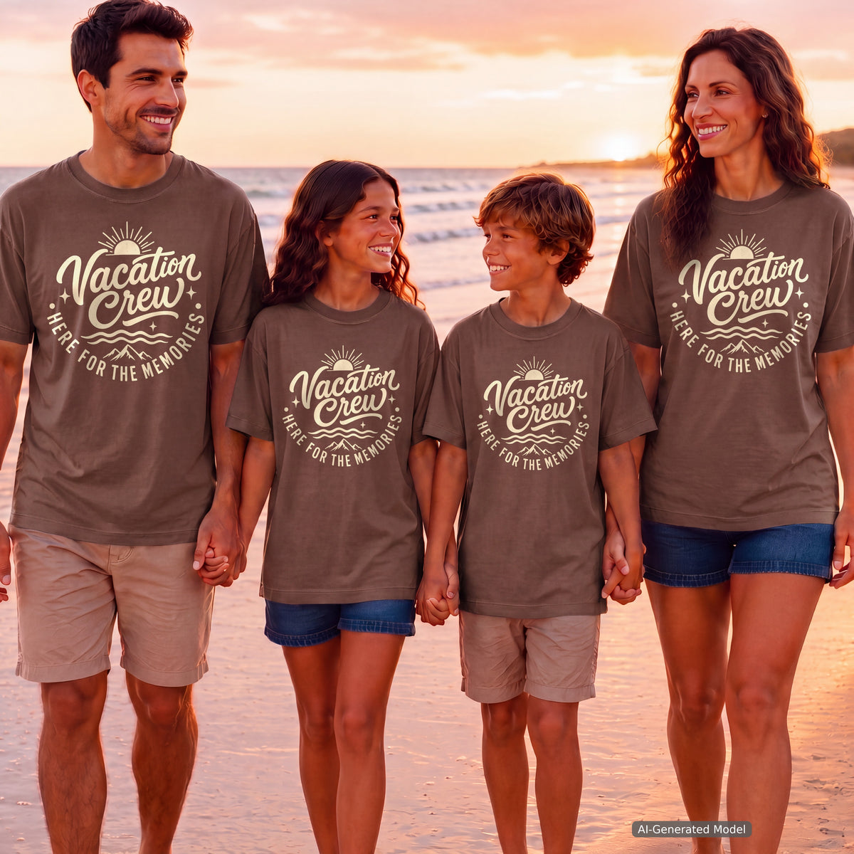 Vacation Crew Here for the Memories Shirt in Espresso – worn on a family trip (AI-generated model photo)