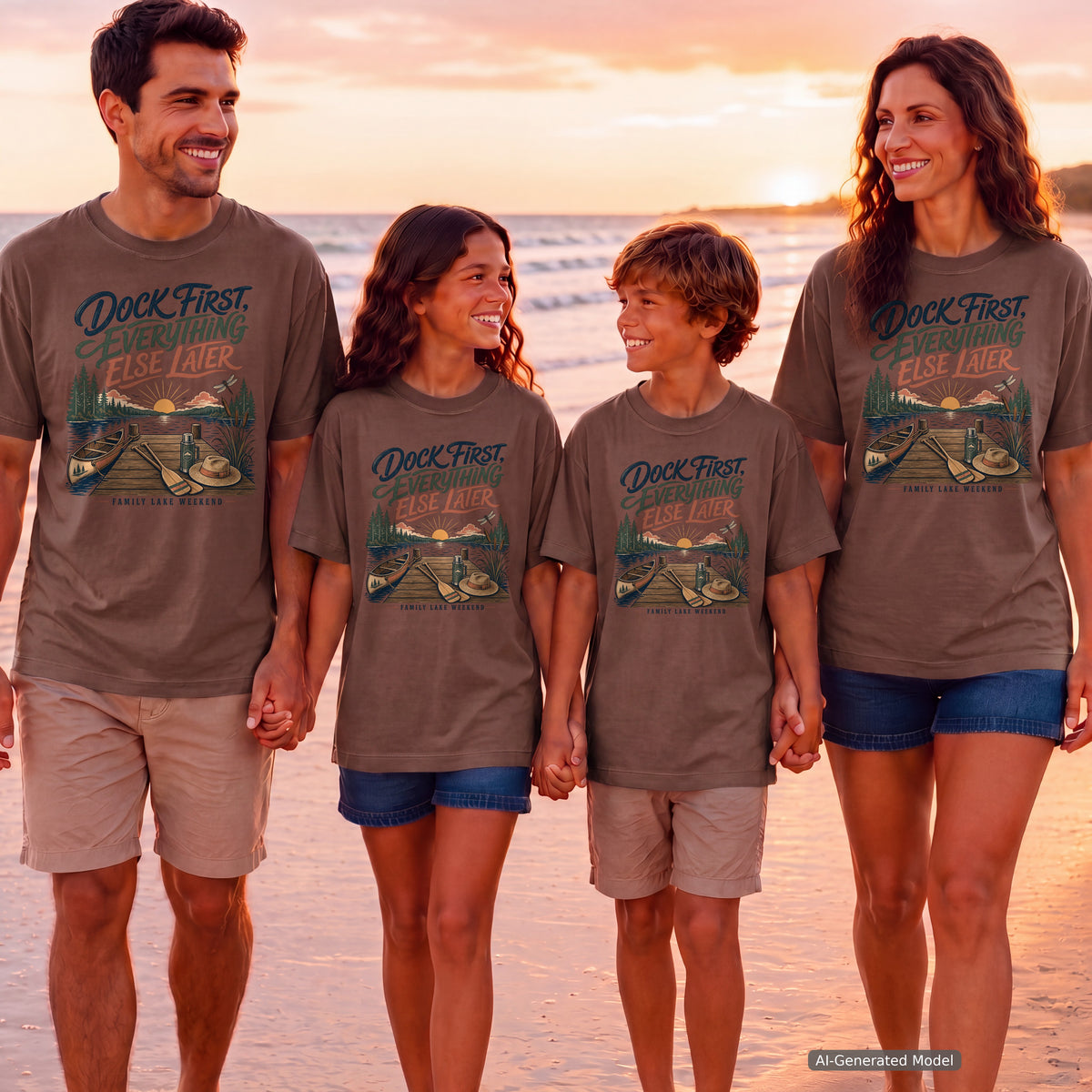 Dock First Everything Else Later Lake Vacation Shirt in Espresso – worn on a family trip (AI-generated model photo)