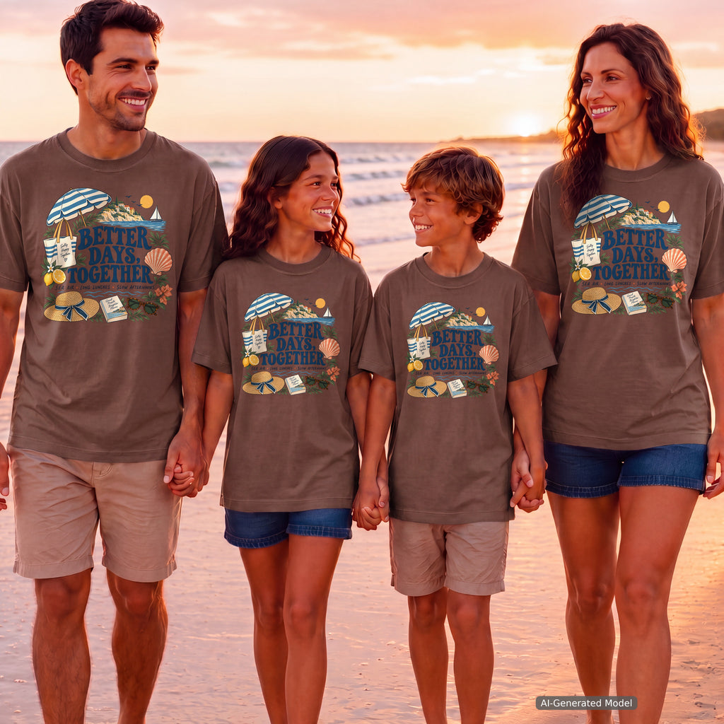 Better Days Together Coastal Vacation Shirt in Espresso – worn on a family trip (AI-generated model photo)