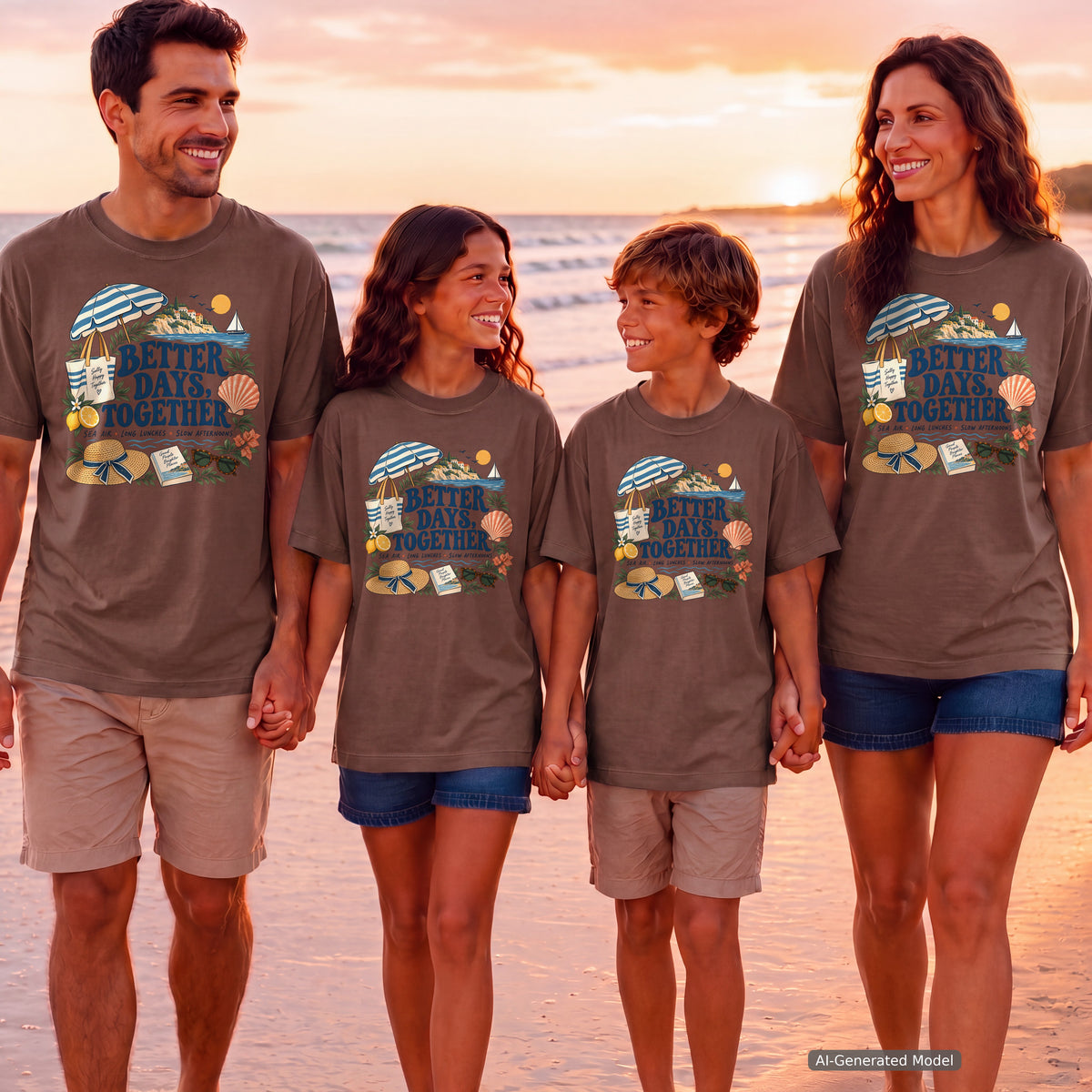 Better Days Together Coastal Vacation Shirt in Espresso – worn on a family trip (AI-generated model photo)