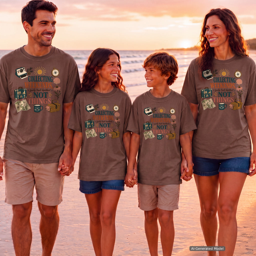 Collecting Weekends Not Things Family Getaway Shirt in Espresso – worn on a family trip (AI-generated model photo)