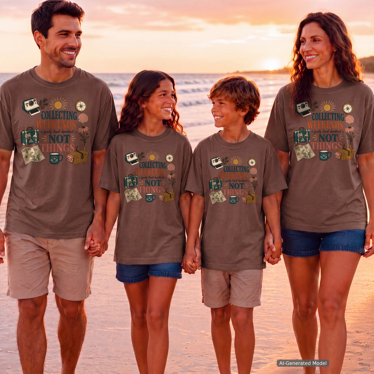 Collecting Weekends Not Things Family Getaway Shirt in Espresso – worn on a family trip (AI-generated model photo)