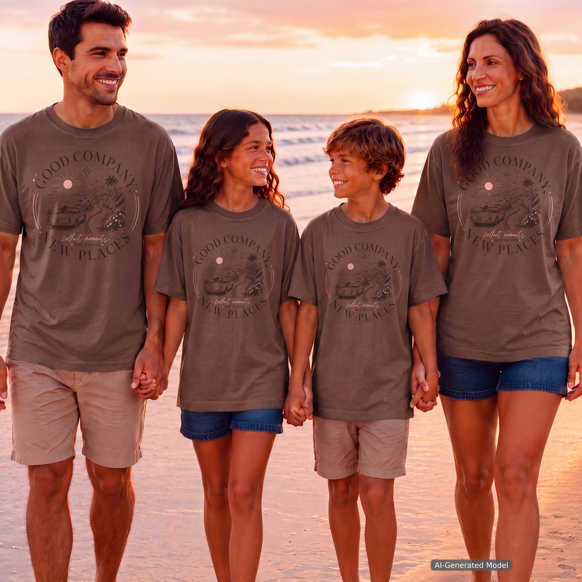 Good Company New Places Girls Trip Shirt in Espresso – worn on a family trip (AI-generated model photo)