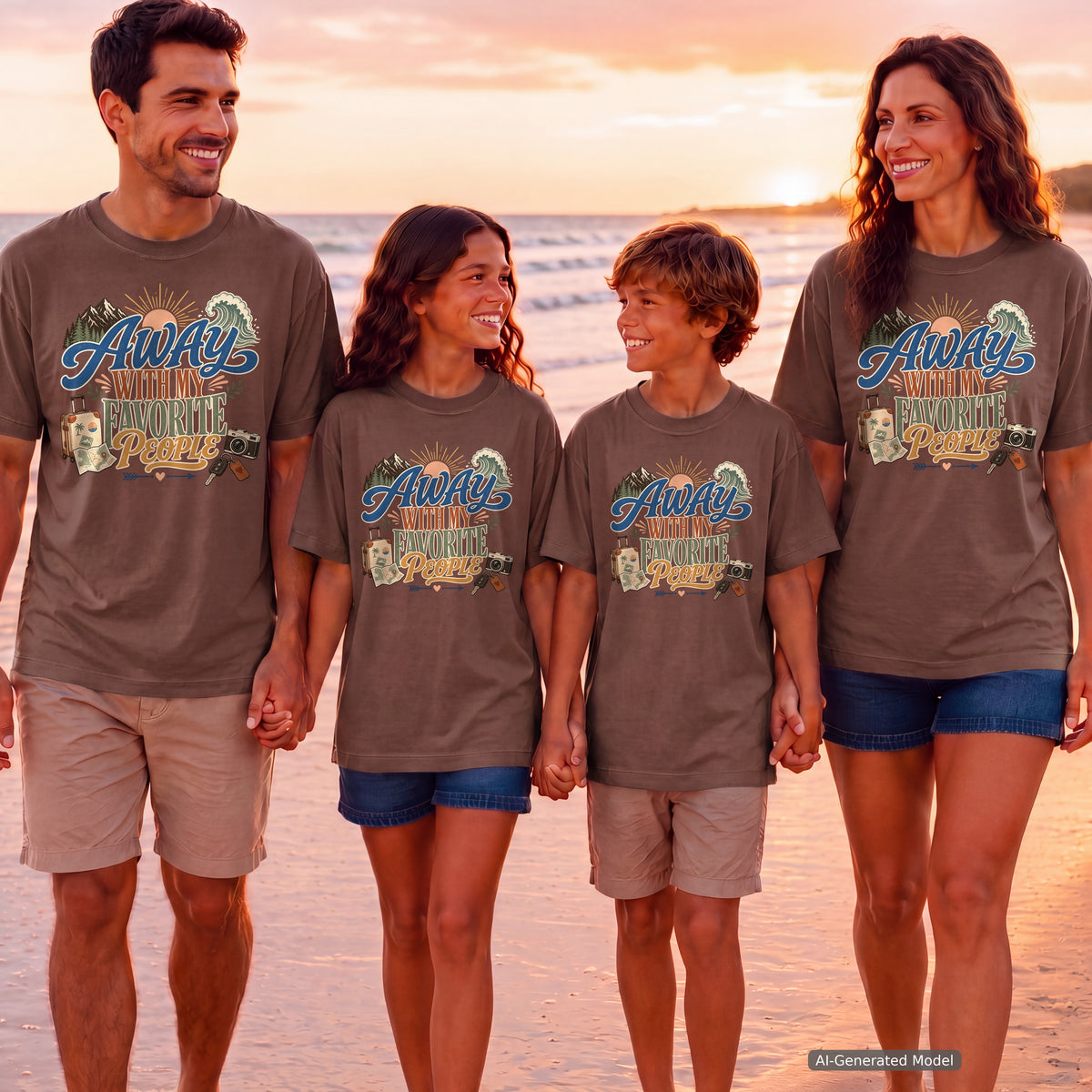 Away with My Favorite People Travel Mom Shirt in Espresso – worn on a family trip (AI-generated model photo)