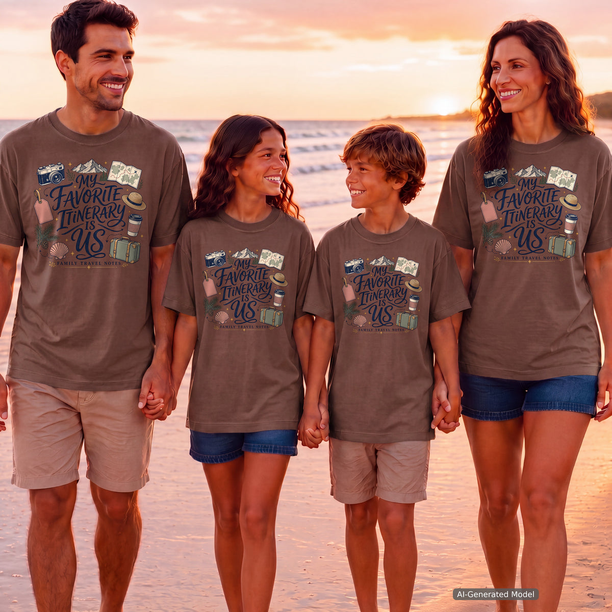 My Favorite Itinerary Is Us Travel Mom Shirt in Espresso – worn on a family trip (AI-generated model photo)