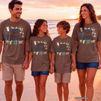 Sunscreen Snacks and Somewhere Beautiful Beach Vacation Shirt in Espresso – worn on a family trip (AI-generated model photo)