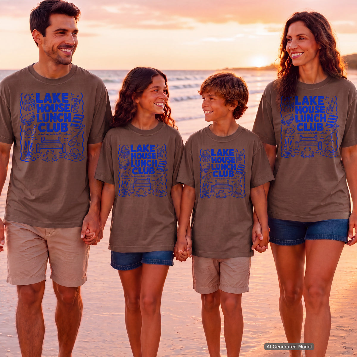 Lake House Lunch Club Lake Vacation Shirt in Espresso – worn on a family trip (AI-generated model photo)