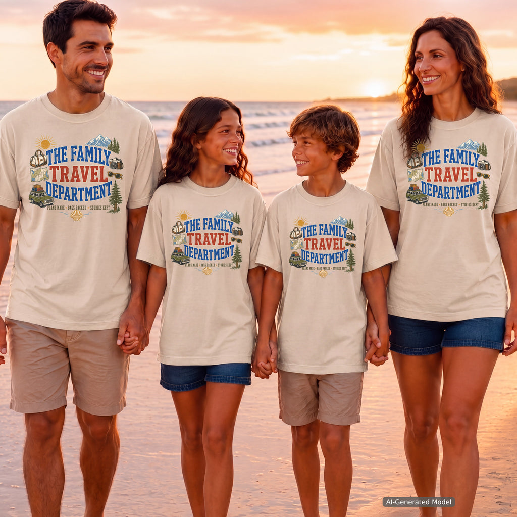 The Family Travel Department Road Trip Shirt in Ivory – worn on a family trip (AI-generated model photo)