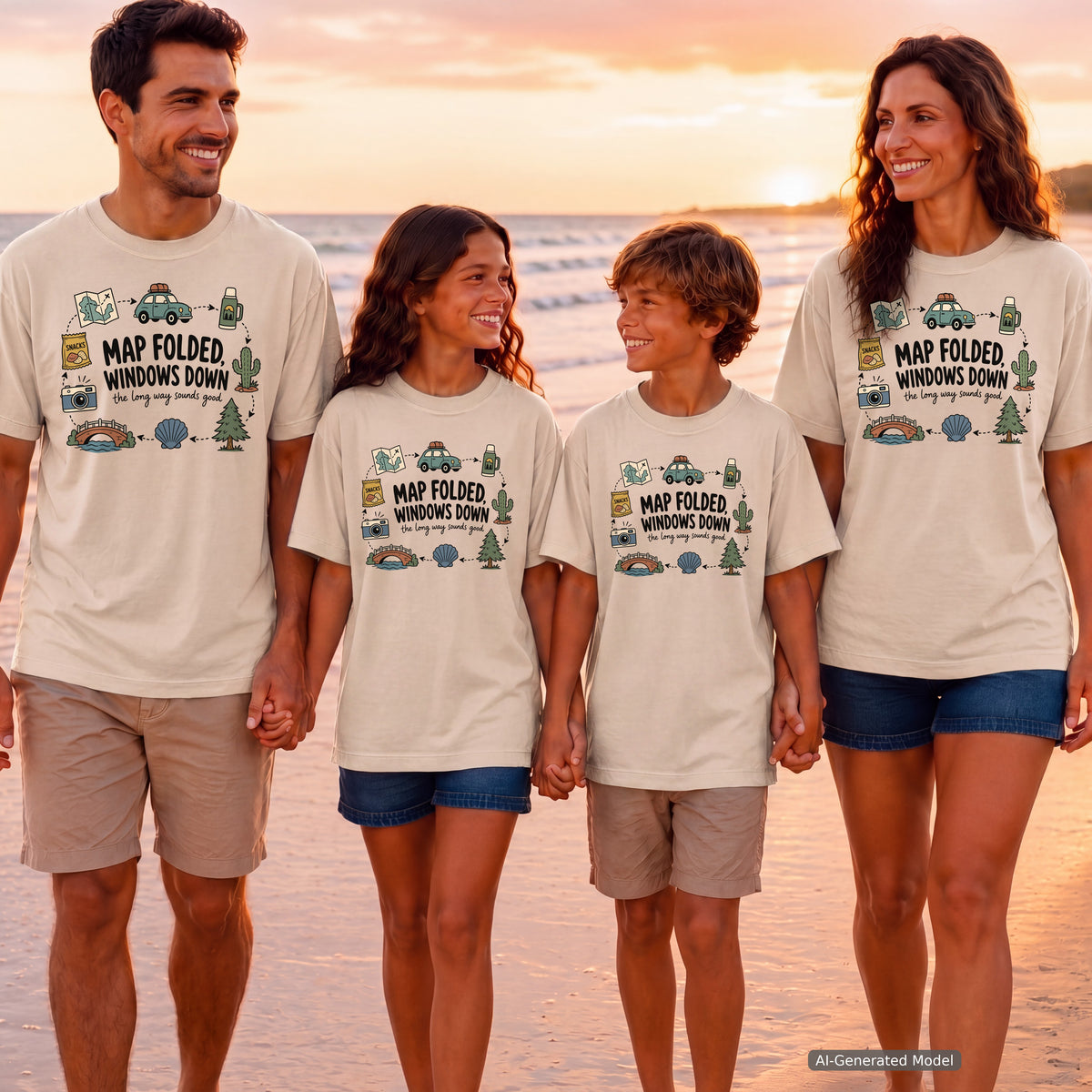 Map Folded Windows Down Road Trip Shirt in Ivory – worn on a family trip (AI-generated model photo)