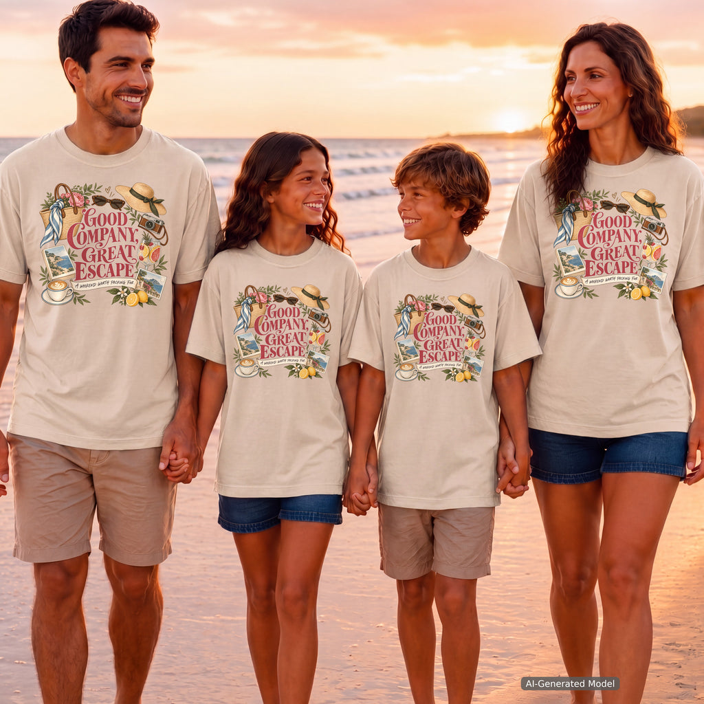 Good Company Great Escape Girls Trip Shirt in Ivory – worn on a family trip (AI-generated model photo)