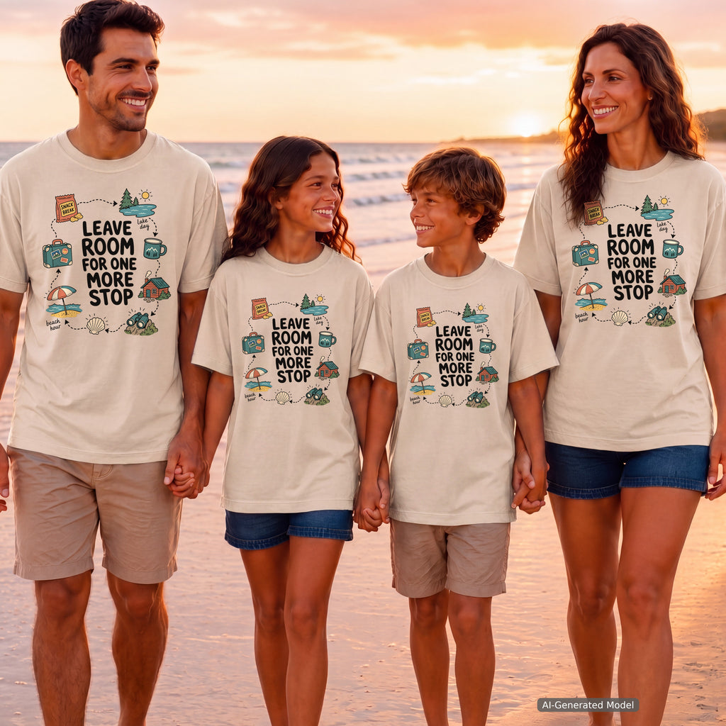 Leave Room for One More Stop Road Trip Shirt in Ivory – worn on a family trip (AI-generated model photo)