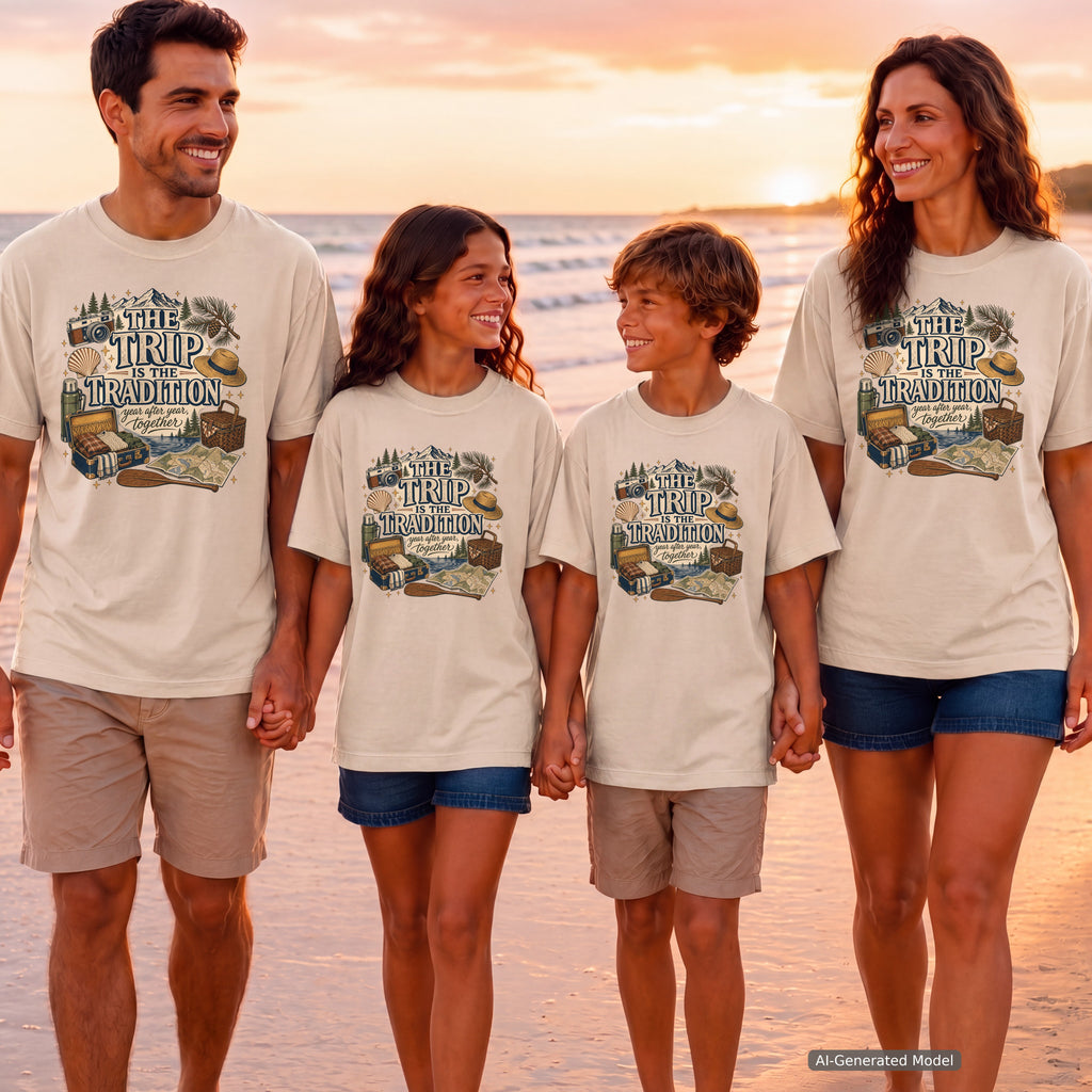 The Trip Is the Tradition Lake Vacation Shirt in Ivory – worn on a family trip (AI-generated model photo)