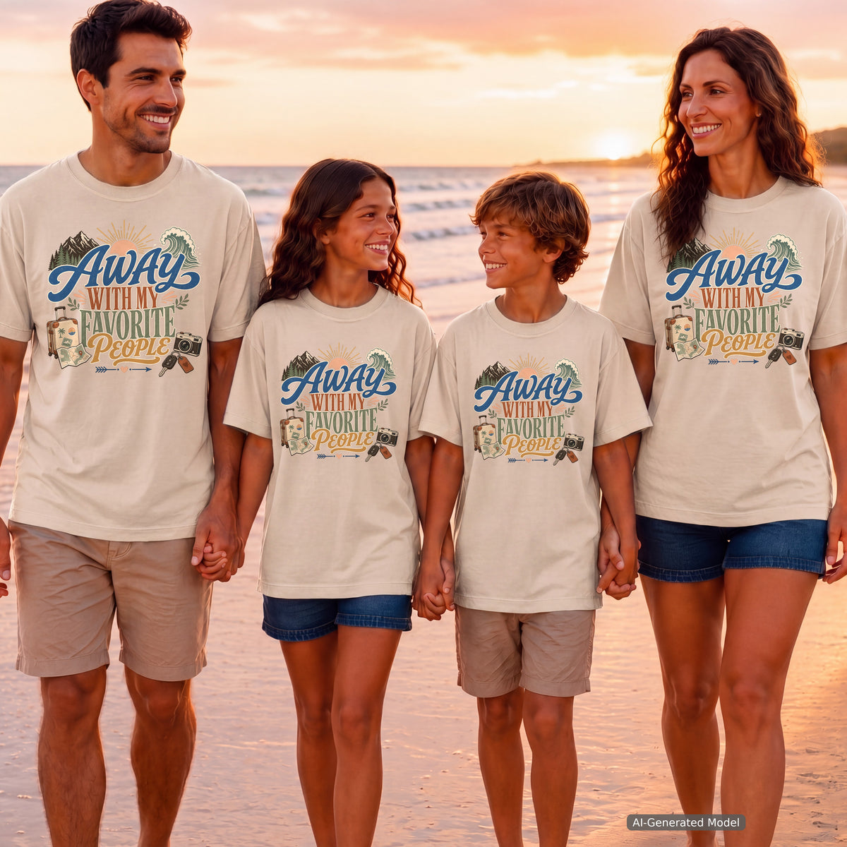 Away with My Favorite People Travel Mom Shirt in Ivory – worn on a family trip (AI-generated model photo)