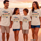 Normal Schedule Resumes Eventually Family Getaway Shirt in Ivory – worn on a family trip (AI-generated model photo)