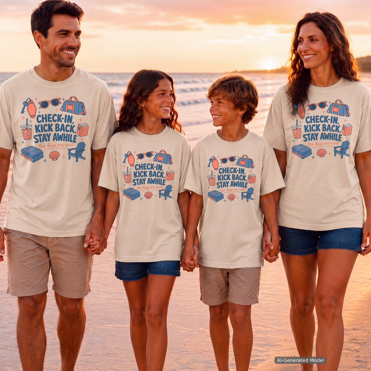 Check-In Kick Back Stay Awhile Family Getaway Shirt in Ivory – worn on a family trip (AI-generated model photo)