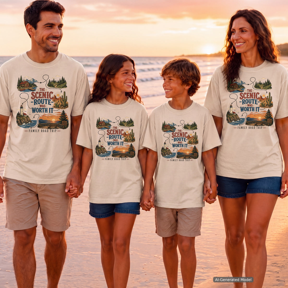 The Scenic Route Was Worth It Road Trip Shirt in Ivory – worn on a family trip (AI-generated model photo)