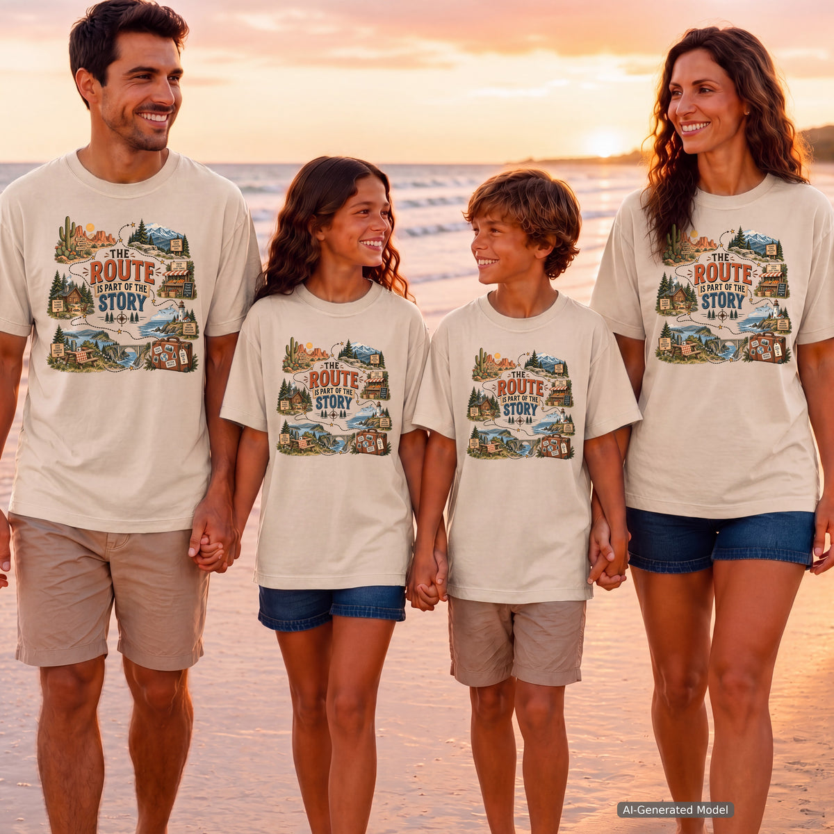 The Route Is Part of the Story Road Trip Shirt in Ivory – worn on a family trip (AI-generated model photo)