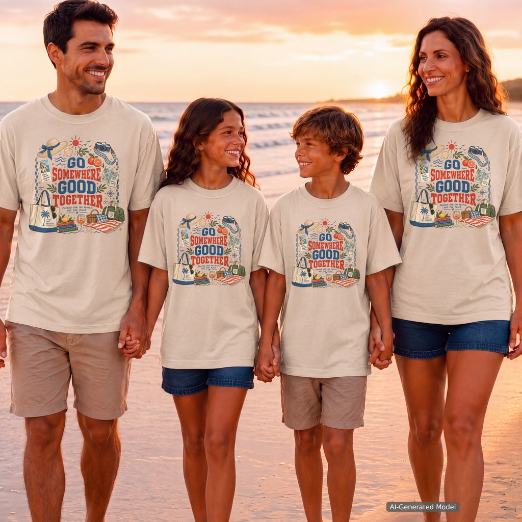 Go Somewhere Good Together Beach Vacation Shirt in Ivory – worn on a family trip (AI-generated model photo)