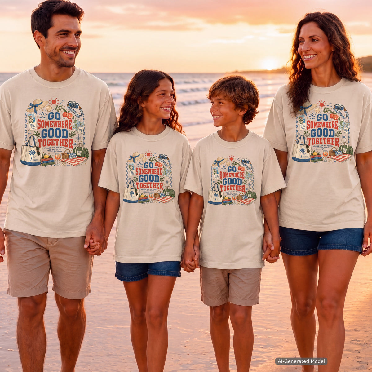 Go Somewhere Good Together Beach Vacation Shirt in Ivory – worn on a family trip (AI-generated model photo)