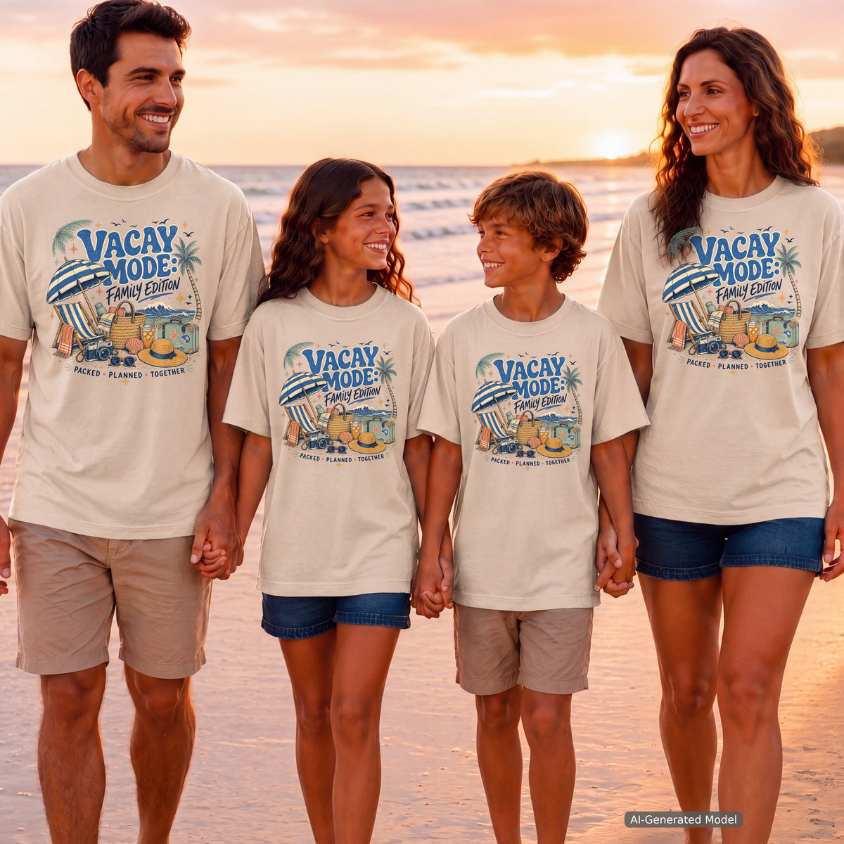 Vacay Mode Family Edition Travel Mom Shirt in Ivory – worn on a family trip (AI-generated model photo)