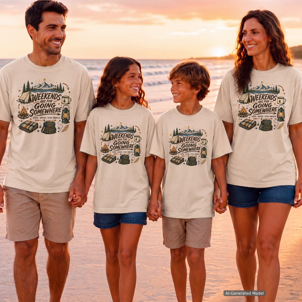 Weekends Are for Going Somewhere Camping Shirt in Ivory – worn on a family trip (AI-generated model photo)