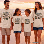 Weekends Are for Going Somewhere Camping Shirt in Ivory – worn on a family trip (AI-generated model photo)